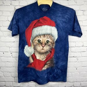 The Mountain Santa Cat T Shirt Adult XL Navy Blue Tie Dye Santa Kitten Cat Hat